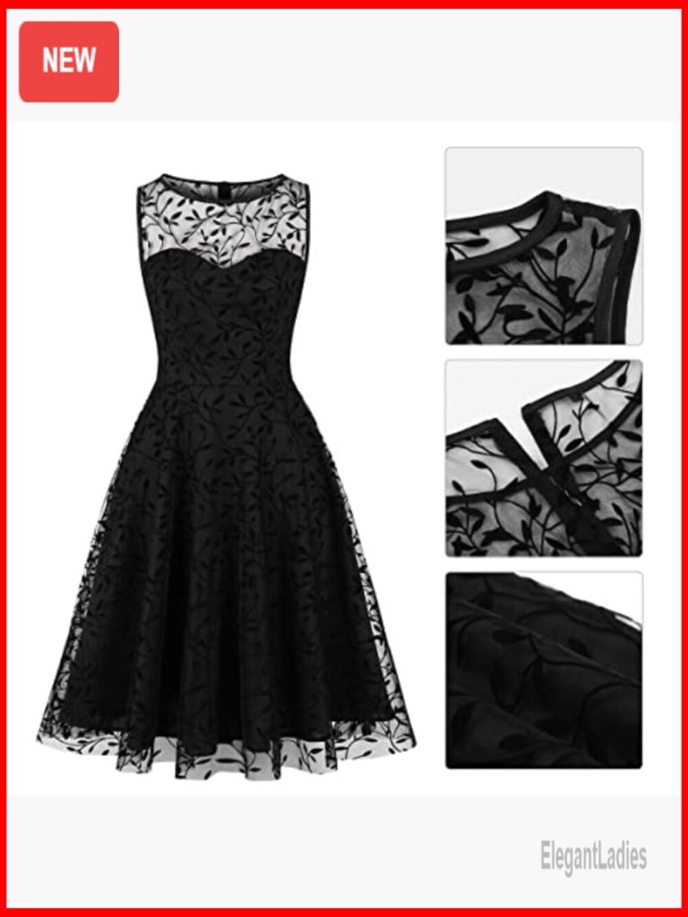 Vintage Floral Embroidery Swing Dress Illusion Mesh A-Line Cocktail - Picture 3 of 7